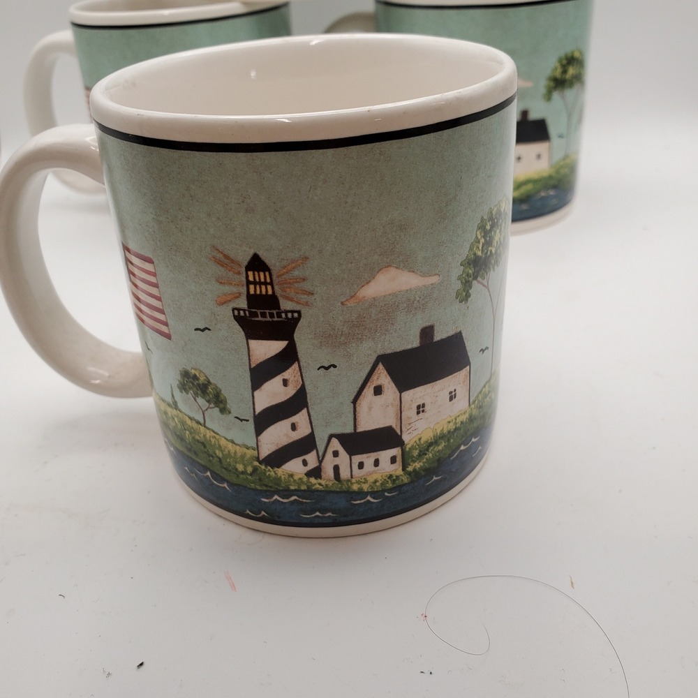 Warren Kimble Sakura Coastal Breeze Lighthouse Mugs Set of 4 Nautical 1998 - Picture 3 of 9